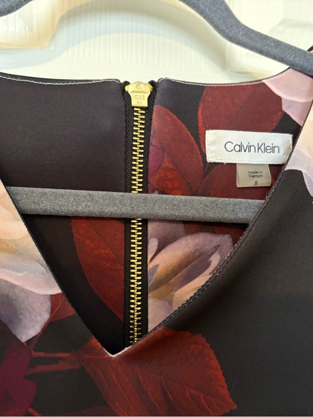 Calvin Klein Black Midi Dress with White and Burgundy Floral Pattern - Picture 3 of 3